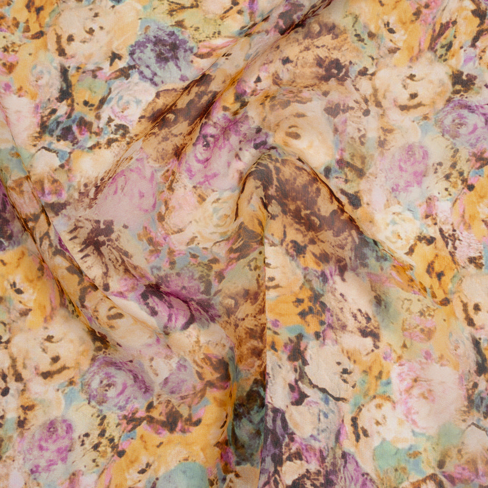 Silk Voile Print Made in Italy - Pink, Yellow and Brown Painterly Flowers - Deadstock