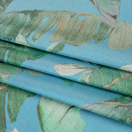 Textured Silk Woven Print Made in Italy - Sky Blue, Green and Beige Palm Leaves - Deadstock