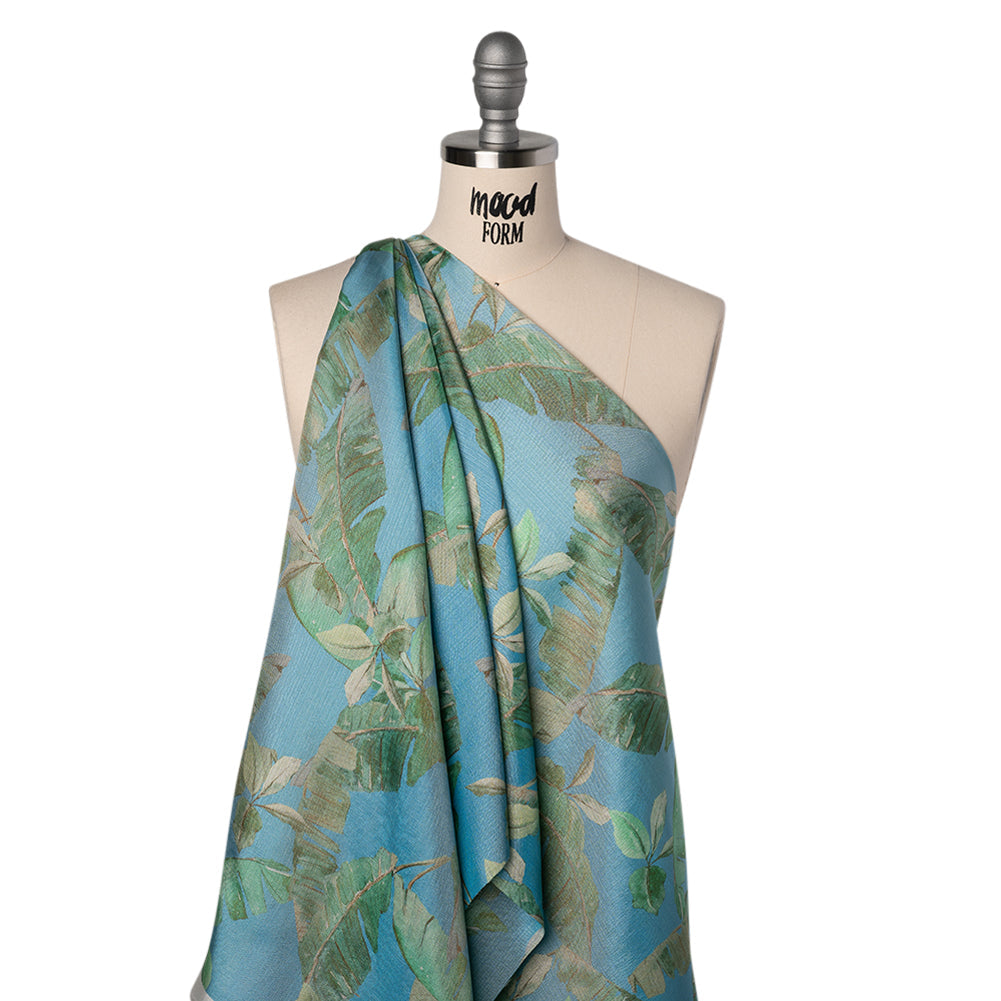 Textured Silk Woven Print Made in Italy - Sky Blue, Green and Beige Palm Leaves - Deadstock