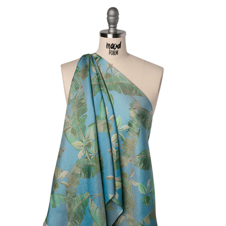 Textured Silk Woven Print Made in Italy - Sky Blue, Green and Beige Palm Leaves - Deadstock