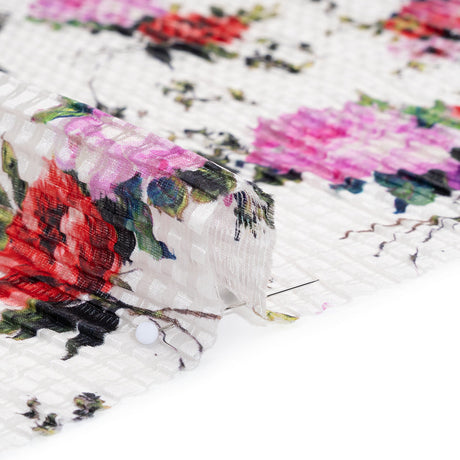 Ruched Silk Blend Striped Dobby Made in Italy - White, Pink and Purple Floral - Deadstock
