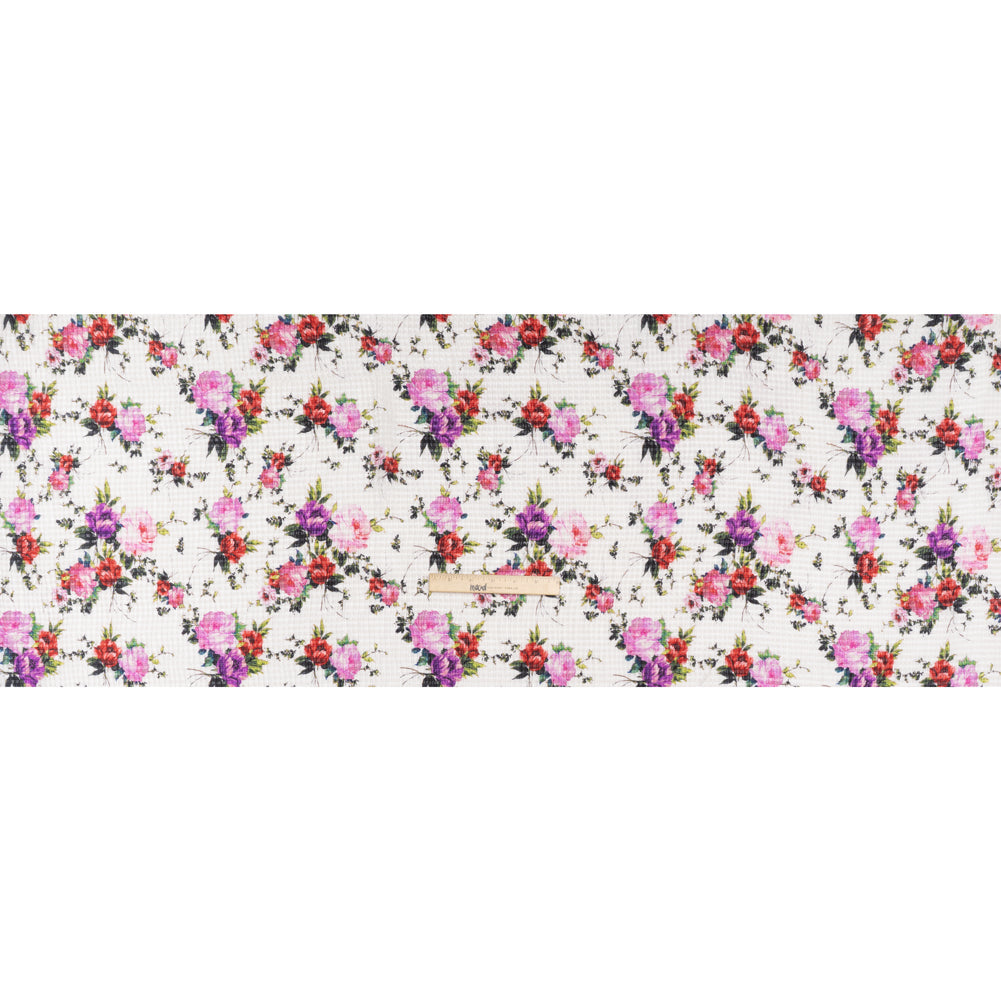 Ruched Silk Blend Striped Dobby Made in Italy - White, Pink and Purple Floral - Deadstock