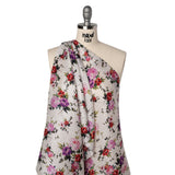 Ruched Silk Blend Striped Dobby Made in Italy - White, Pink and Purple Floral - Deadstock