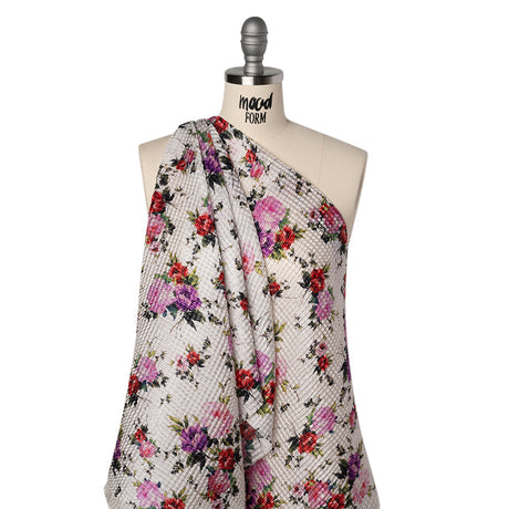 Ruched Silk Blend Striped Dobby Made in Italy - White, Pink and Purple Floral - Deadstock