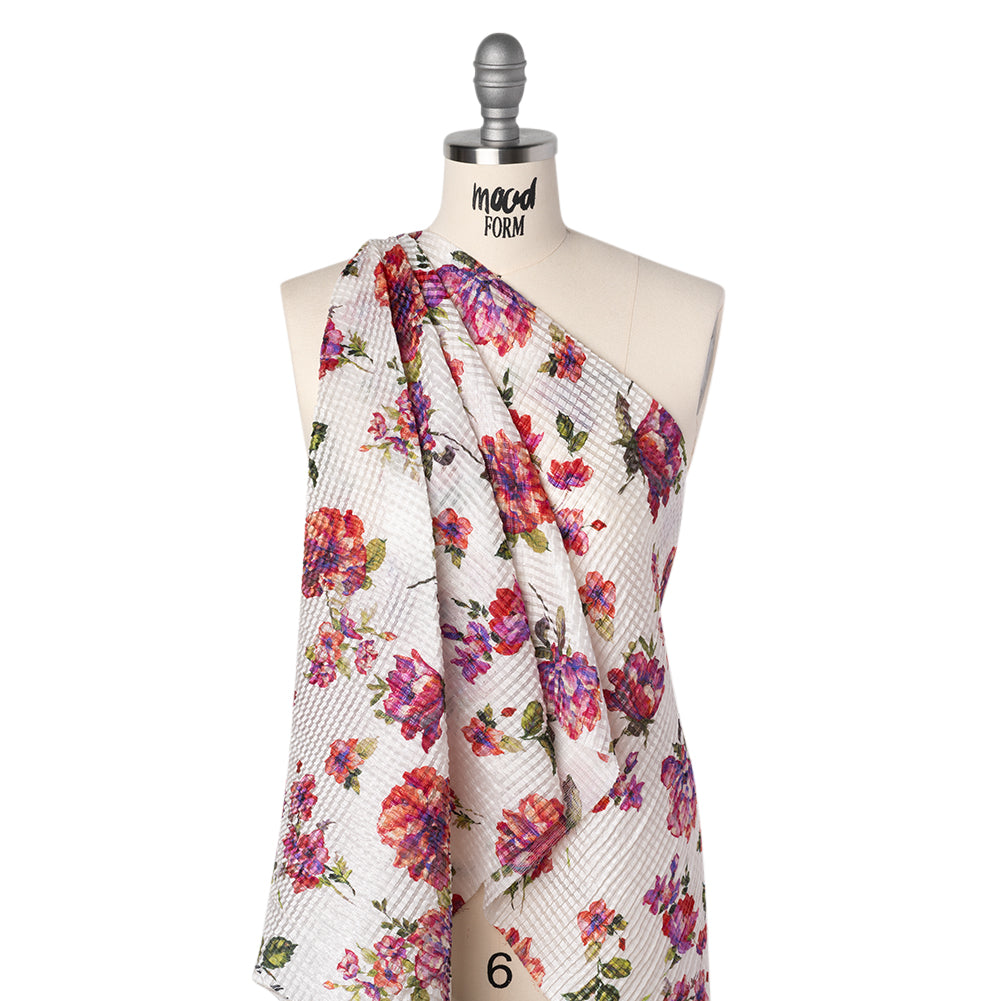Ruched Silk Blend Striped Dobby Made in Italy - Pink, Ultramarine and Green Floral - Deadstock