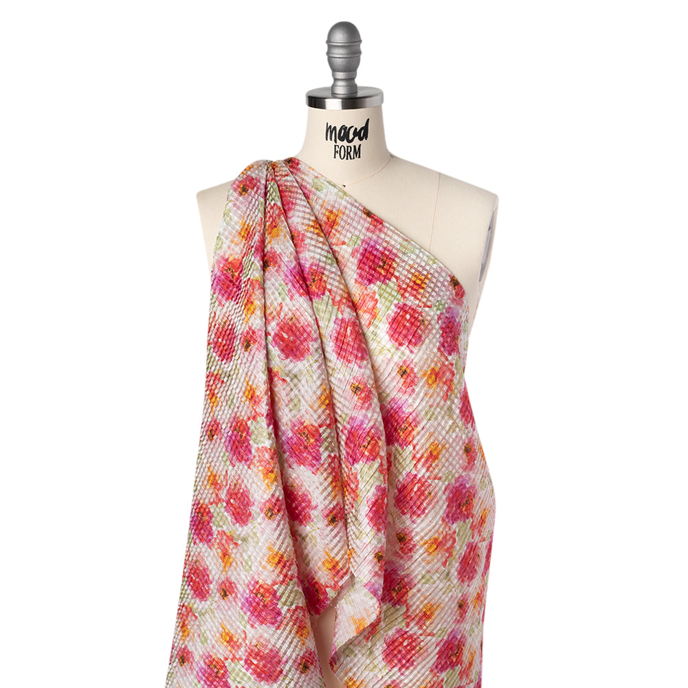Ruched Silk Blend Striped Dobby Made in Italy - Hot Pink, Golden Yellow and Sage Green Soft Florals - Deadstock