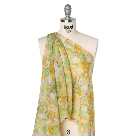 Silk Chiffon Print Made in Italy - Yellow, Green and Lilac Painterly Floral - Deadstock