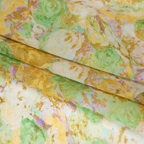 Silk Chiffon Print Made in Italy - Yellow, Green and Lilac Painterly Floral - Deadstock