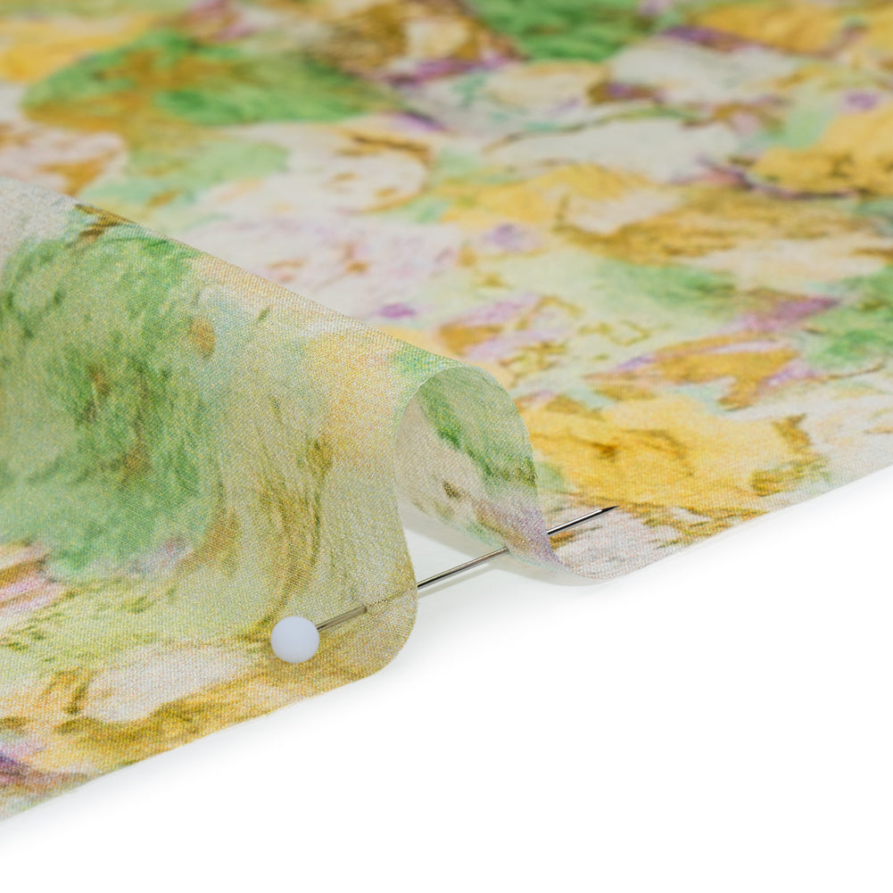 Silk Chiffon Print Made in Italy - Yellow, Green and Lilac Painterly Floral - Deadstock
