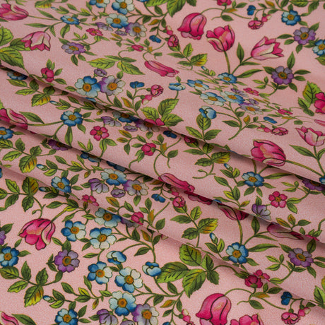 Silk Crepe de Chine Print Made in Italy - Pink, Sky Blue and Green Little Flowers - Deadstock