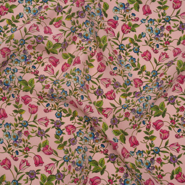 Silk Crepe de Chine Print Made in Italy - Pink, Sky Blue and Green Little Flowers - Deadstock