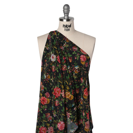 Silk Crepe de Chine Print Made in Italy - Black, Pink and Yellow Ochre Floral - Deadstock