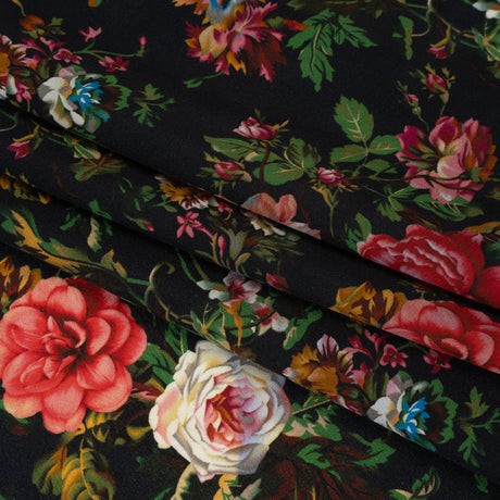 Silk Crepe de Chine Print Made in Italy - Black, Pink and Yellow Ochre Floral - Deadstock
