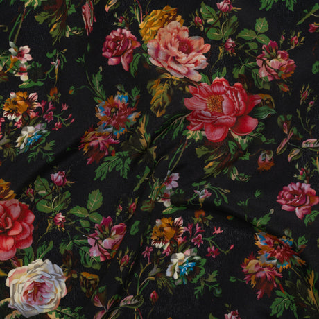 Silk Crepe de Chine Print Made in Italy - Black, Pink and Yellow Ochre Floral - Deadstock
