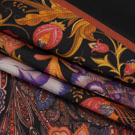 Silk Diagonal Basketweave Dobby Print Made in Italy - Purple, Orange and Black Ornate Paisleys and Palm Leaves - Deadstock