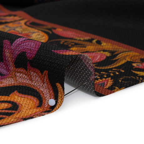 Silk Diagonal Basketweave Dobby Print Made in Italy - Purple, Orange and Black Ornate Paisleys and Palm Leaves - Deadstock