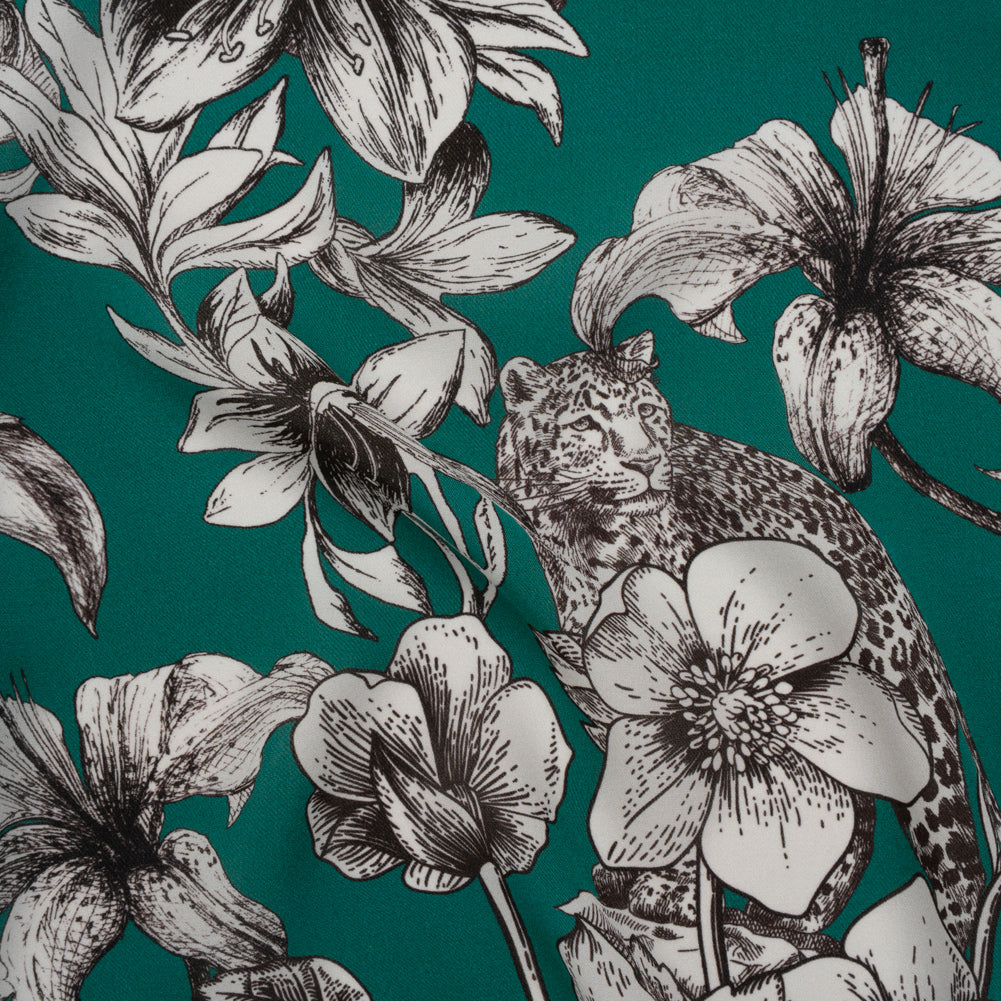 Silk Georgette Print Made in Italy - Teal, Black and White Leopards in the Lilies - Deadstock