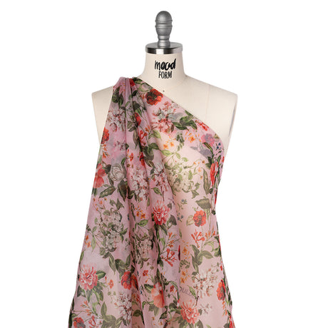 Silk Organza Print Made in Italy - Baby Pink, Coral and Green Floral - Deadstock