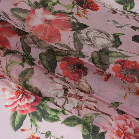Silk Organza Print Made in Italy - Baby Pink, Coral and Green Floral - Deadstock