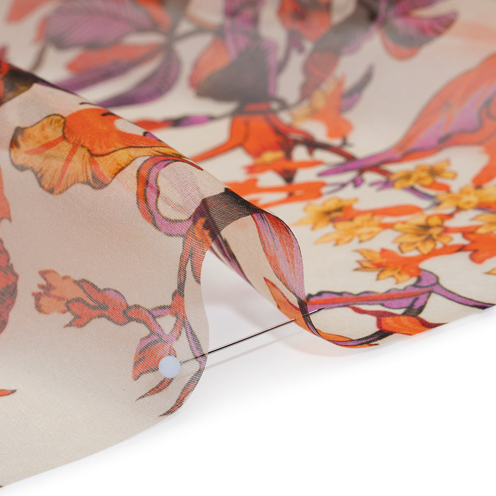 Lightweight Silk Organza Print Made in Italy - Orange, Purple and Burgundy Lilies and Flowers