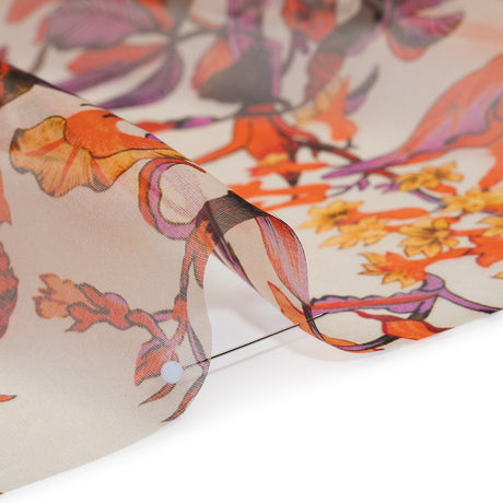 Lightweight Silk Organza Print Made in Italy - Orange, Purple and Burgundy Lilies and Flowers
