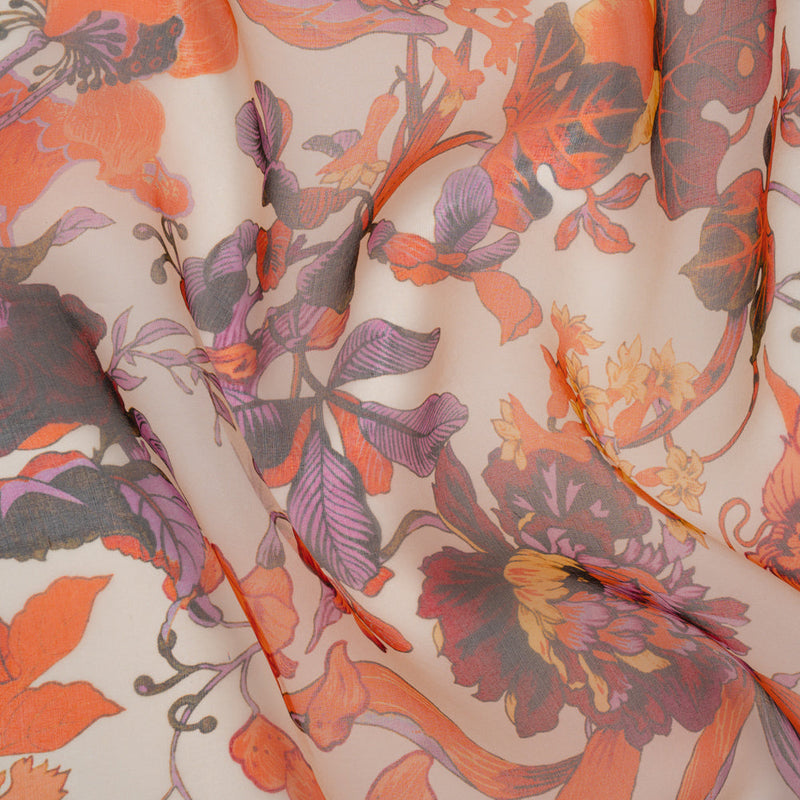 Lightweight Silk Organza Print Made in Italy - Orange, Purple and Burgundy Lilies and Flowers