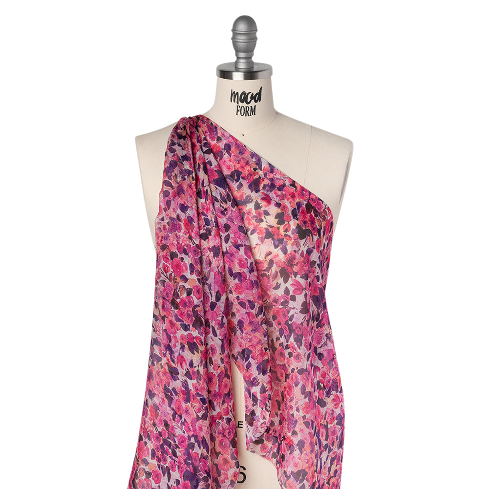 Silk Birdseye Pique Voile Print Made in Italy - Pink, Dark Purple and Lavender Watercolor Roses - Deadstock