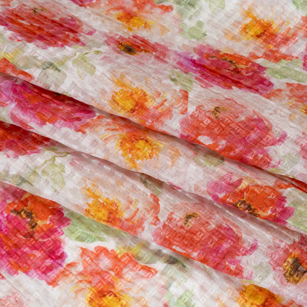 Ruched Silk Blend Striped Dobby Made in Italy - Magenta, Orange and Light Green Floral - Deadstock
