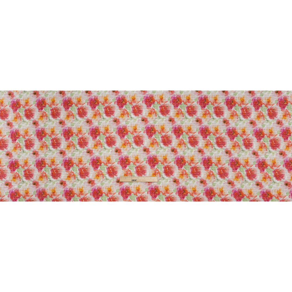 Ruched Silk Blend Striped Dobby Made in Italy - Magenta, Orange and Light Green Floral - Deadstock