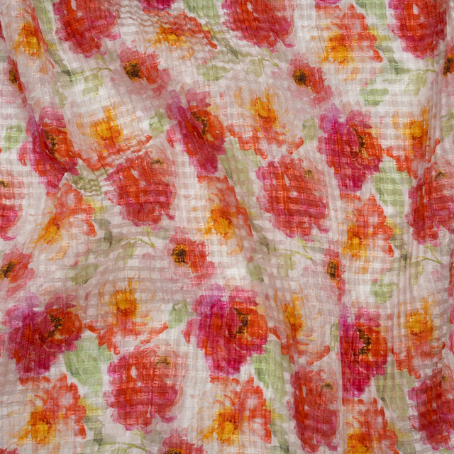 Ruched Silk Blend Striped Dobby Made in Italy - Magenta, Orange and Light Green Floral - Deadstock