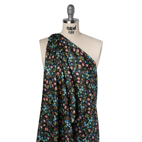 Crepe Like Silk Woven Print Made in Italy - Black, Pink and Sky Blue Little Flowers - Deadstock