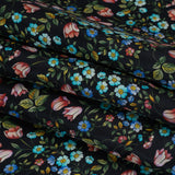Crepe Like Silk Woven Print Made in Italy - Black, Pink and Sky Blue Little Flowers - Deadstock