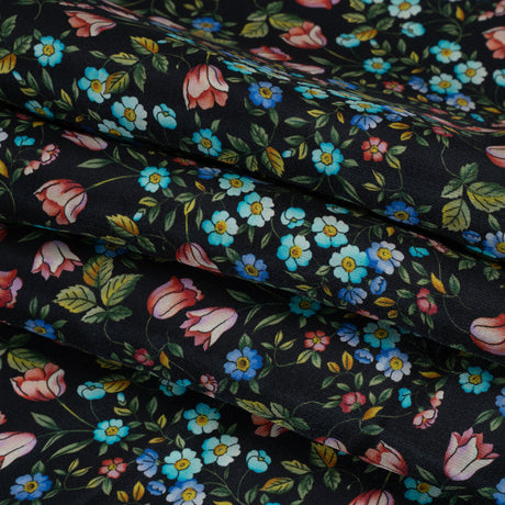 Crepe Like Silk Woven Print Made in Italy - Black, Pink and Sky Blue Little Flowers - Deadstock
