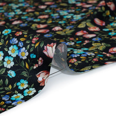 Crepe Like Silk Woven Print Made in Italy - Black, Pink and Sky Blue Little Flowers - Deadstock