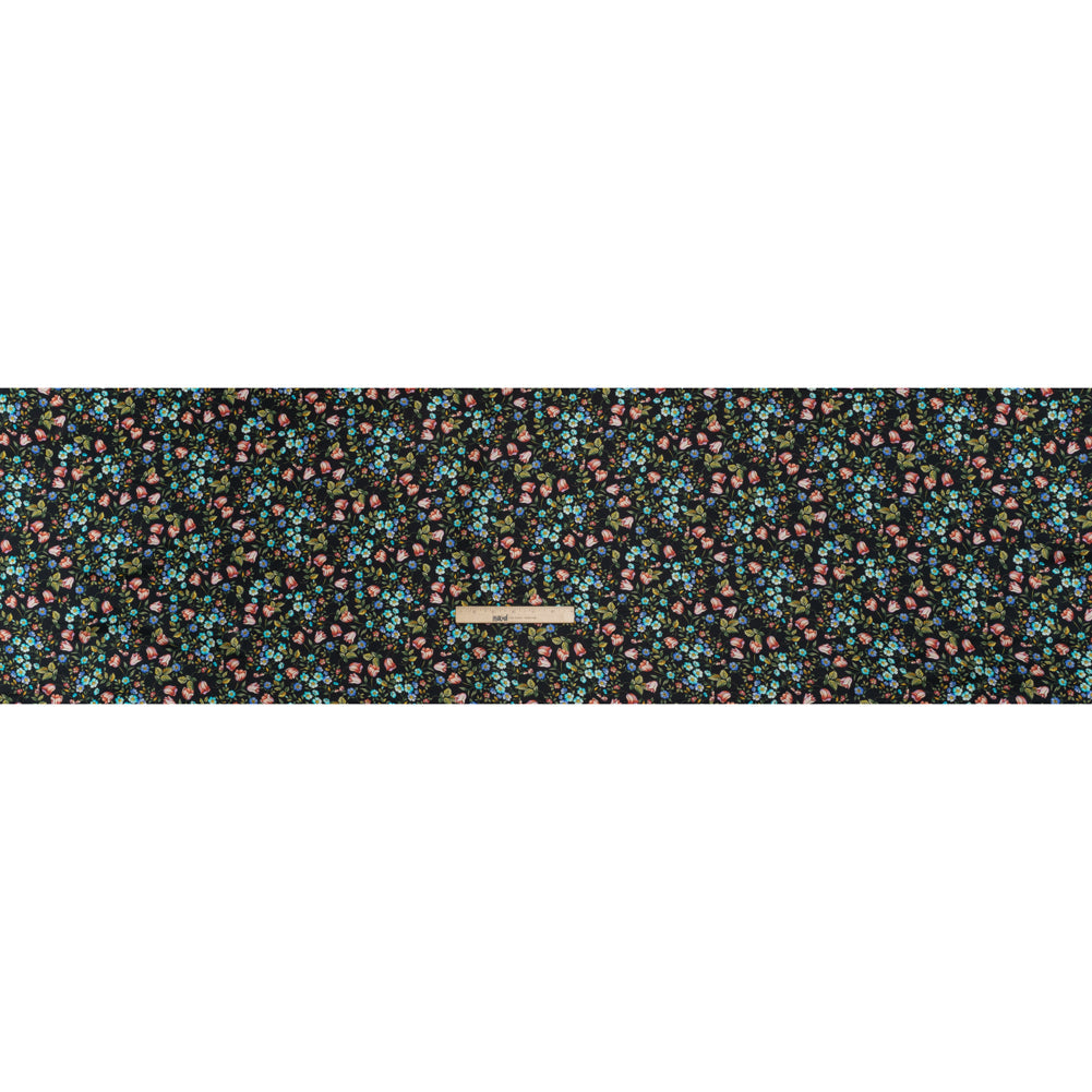 Crepe Like Silk Woven Print Made in Italy - Black, Pink and Sky Blue Little Flowers - Deadstock