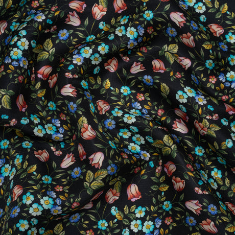 Crepe Like Silk Woven Print Made in Italy - Black, Pink and Sky Blue Little Flowers - Deadstock