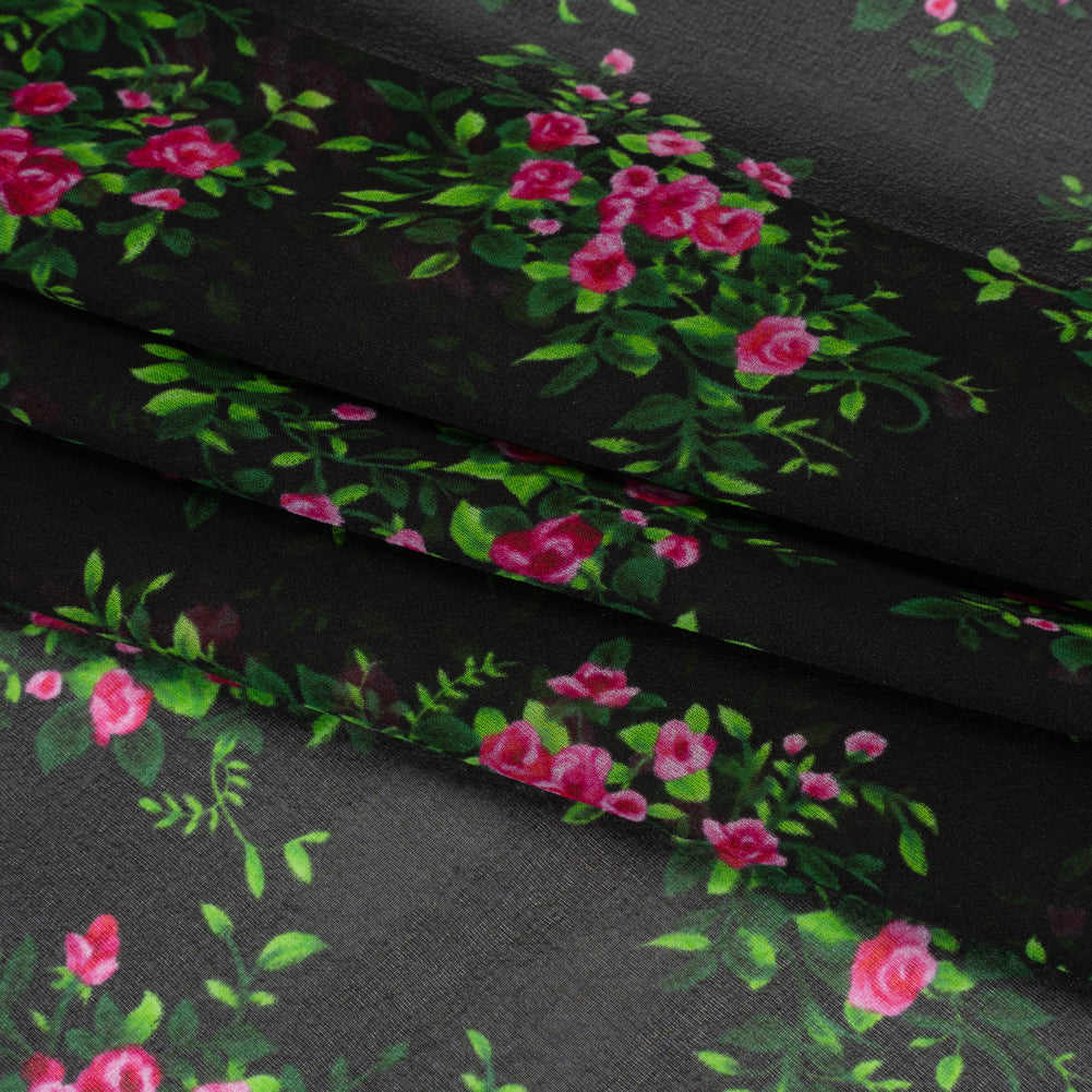 Silk Voile Print Made in Italy - Black, Green and Pink Flower Bunches - Deadstock