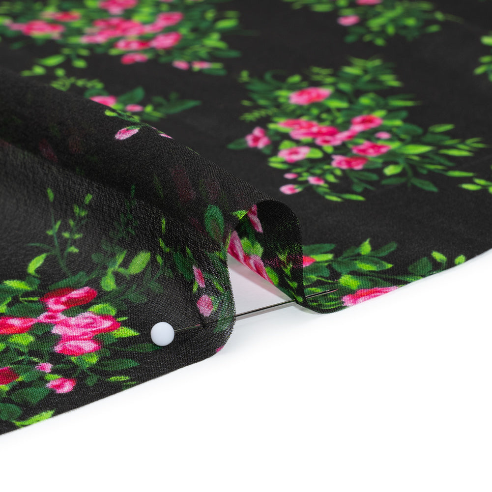 Silk Voile Print Made in Italy - Black, Green and Pink Flower Bunches - Deadstock