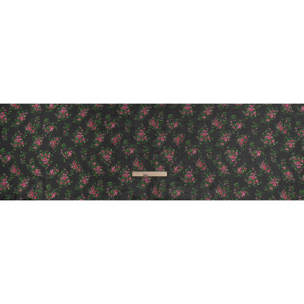 Silk Voile Print Made in Italy - Black, Green and Pink Flower Bunches - Deadstock