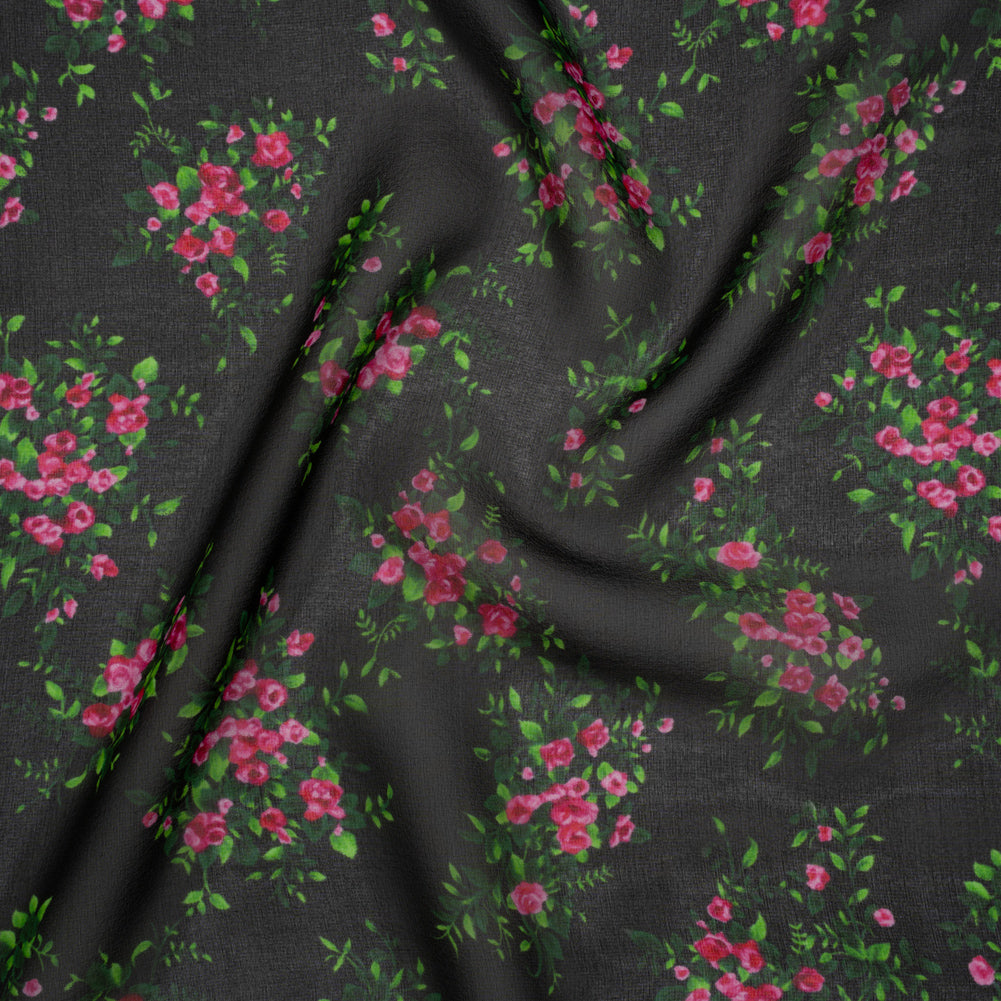 Silk Voile Print Made in Italy - Black, Green and Pink Flower Bunches - Deadstock
