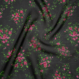 Silk Voile Print Made in Italy - Black, Green and Pink Flower Bunches - Deadstock