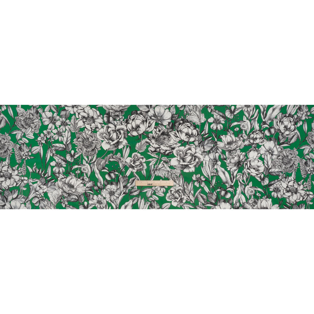 Lightweight Silk Pique Print Made in Italy - Kelly Green, Black and White Flowers - Deadstock