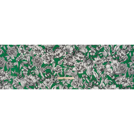 Lightweight Silk Pique Print Made in Italy - Kelly Green, Black and White Flowers - Deadstock