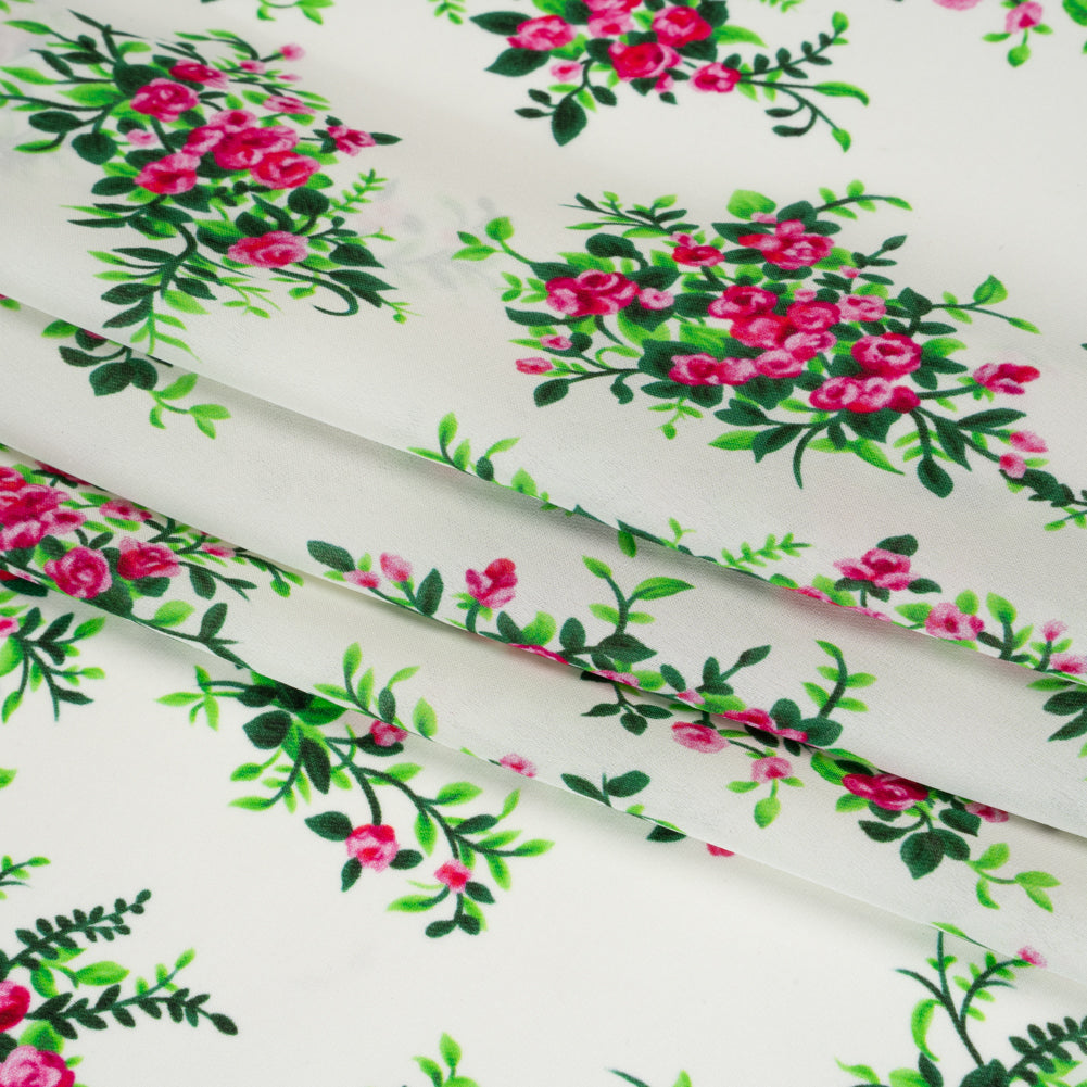 Silk Georgette Print - Pink, Green and Ivory Flower Bunches - Deadstock