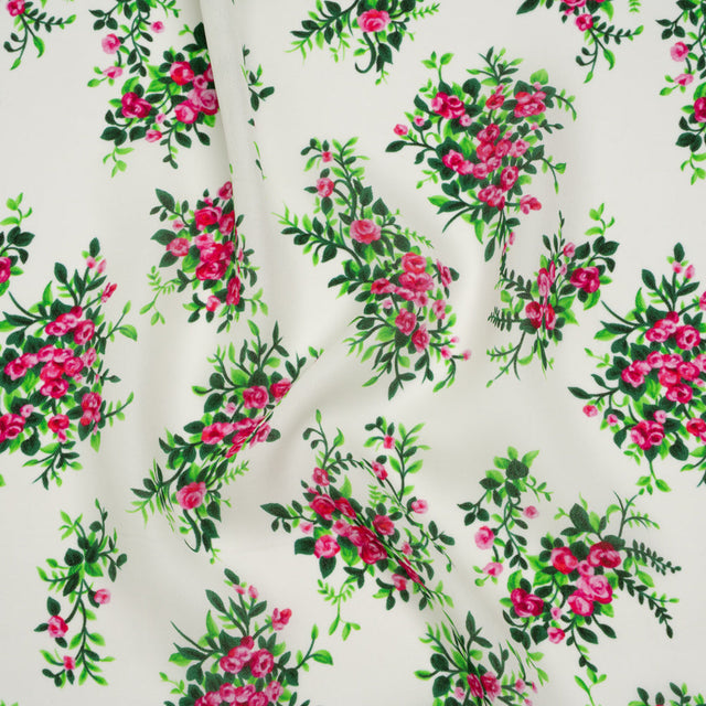 Silk Georgette Print - Pink, Green and Ivory Flower Bunches - Deadstock