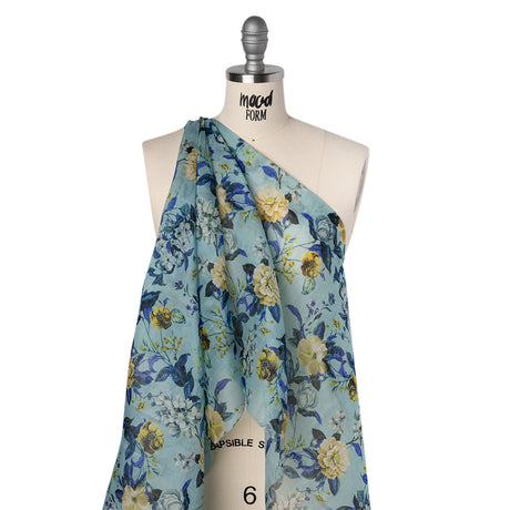 Slubbed Raw Silk Organza Print Made in Italy - Sky Blue, Ultramarine and Yellow Floral - Deadstock