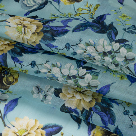 Slubbed Raw Silk Organza Print Made in Italy - Sky Blue, Ultramarine and Yellow Floral - Deadstock