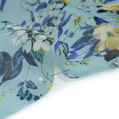 Slubbed Raw Silk Organza Print Made in Italy - Sky Blue, Ultramarine and Yellow Floral - Deadstock
