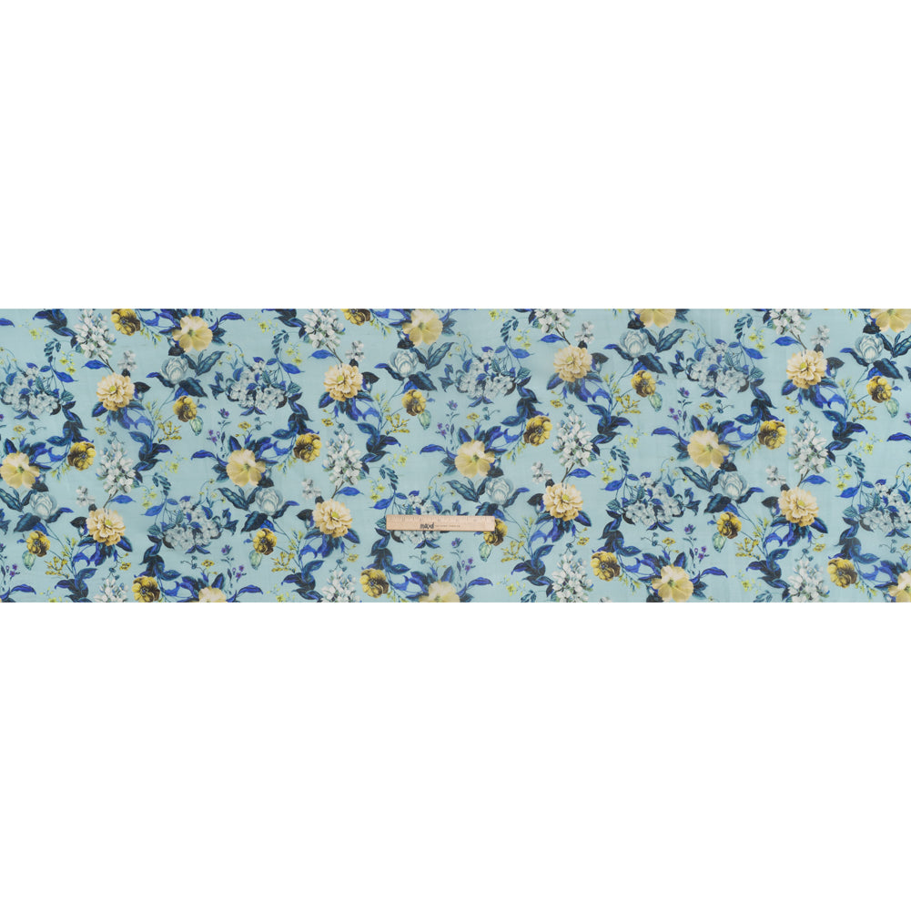Slubbed Raw Silk Organza Print Made in Italy - Sky Blue, Ultramarine and Yellow Floral - Deadstock