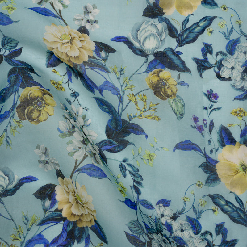 Slubbed Raw Silk Organza Print Made in Italy - Sky Blue, Ultramarine and Yellow Floral - Deadstock